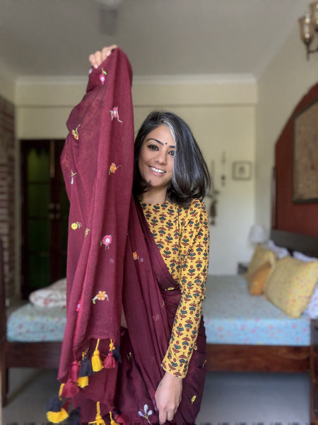 MAROON COTTON MULMUL EMBROIDERED SARI