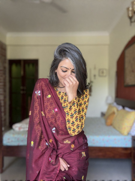 MAROON COTTON MULMUL EMBROIDERED SARI