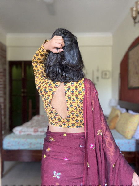 MAROON COTTON MULMUL EMBROIDERED SARI