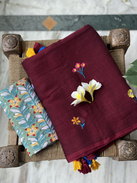 MAROON COTTON MULMUL EMBROIDERED SARI