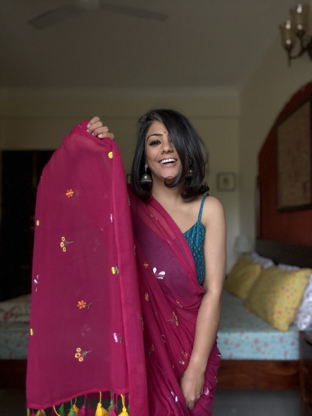 MAGENTA COTTON MULMUL EMBROIDERED SARI