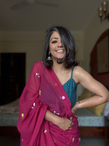 MAGENTA COTTON MULMUL EMBROIDERED SARI