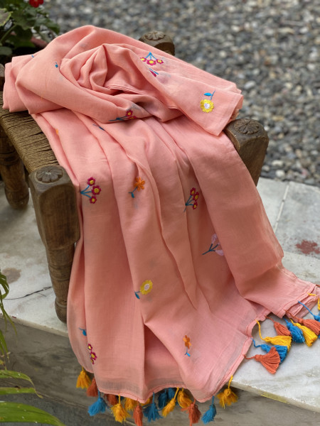 PASTEL PEACH COTTON MULMUL EMBROIDERED SARI