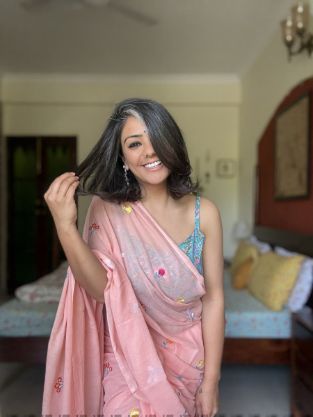 PASTEL PEACH COTTON MULMUL EMBROIDERED SARI