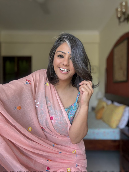 PASTEL PEACH COTTON MULMUL EMBROIDERED SARI