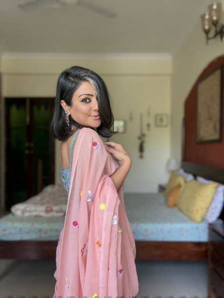 PASTEL PEACH COTTON MULMUL EMBROIDERED SARI