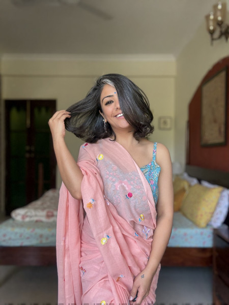 PASTEL PEACH COTTON MULMUL EMBROIDERED SARI
