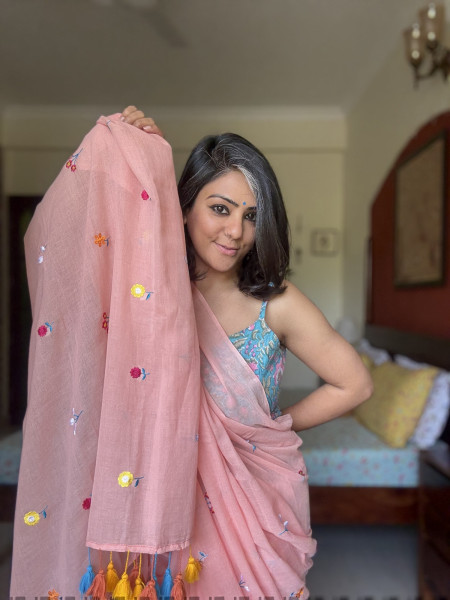 PASTEL PEACH COTTON MULMUL EMBROIDERED SARI