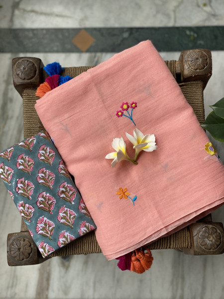PASTEL PEACH COTTON MULMUL EMBROIDERED SARI