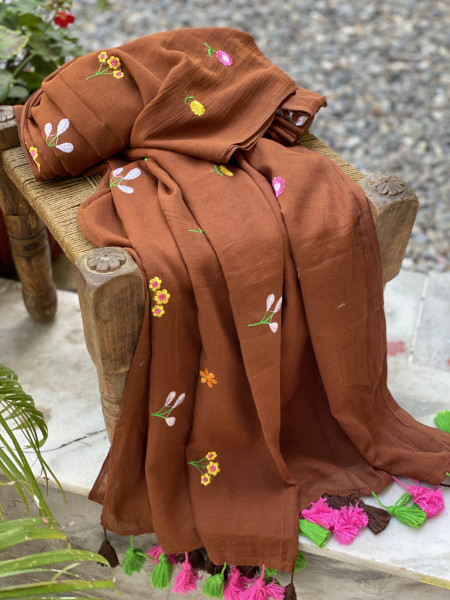 BROWN COTTON MULMUL EMBROIDERED SARI