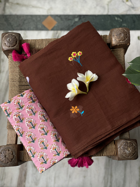 BROWN COTTON MULMUL EMBROIDERED SARI