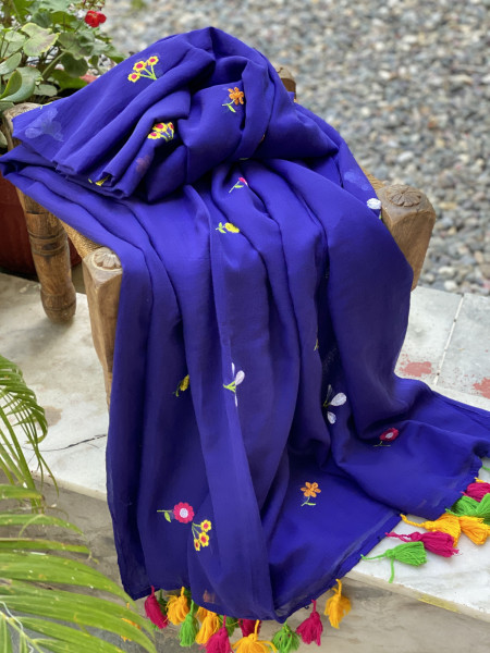 ROYAL BLUE COTTON MULMUL EMBROIDERED SARI
