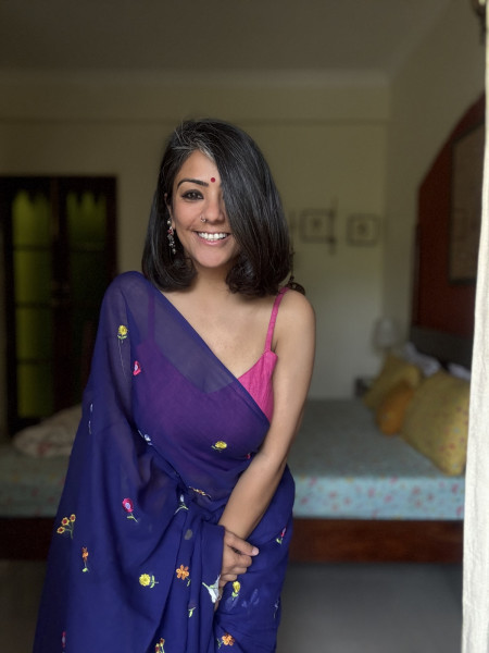 ROYAL BLUE COTTON MULMUL EMBROIDERED SARI
