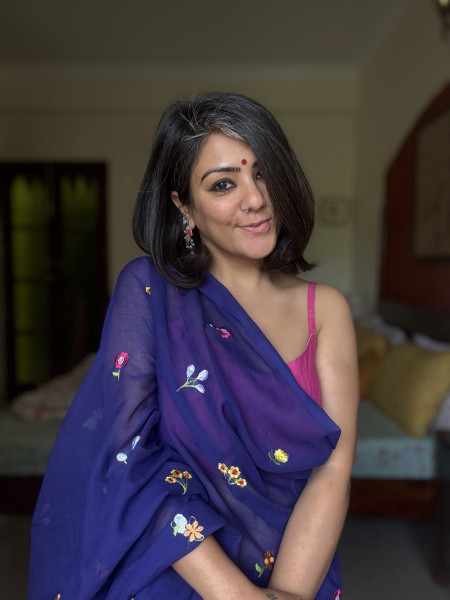 ROYAL BLUE COTTON MULMUL EMBROIDERED SARI