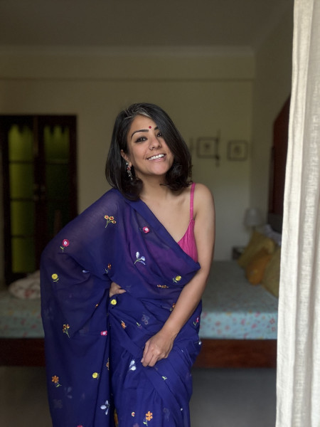 ROYAL BLUE COTTON MULMUL EMBROIDERED SARI