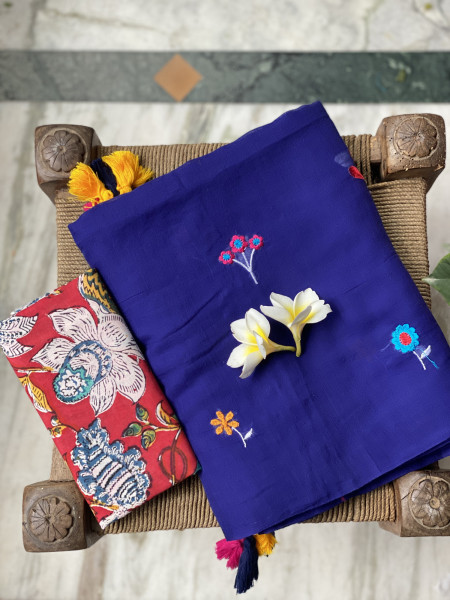 ROYAL BLUE COTTON MULMUL EMBROIDERED SARI