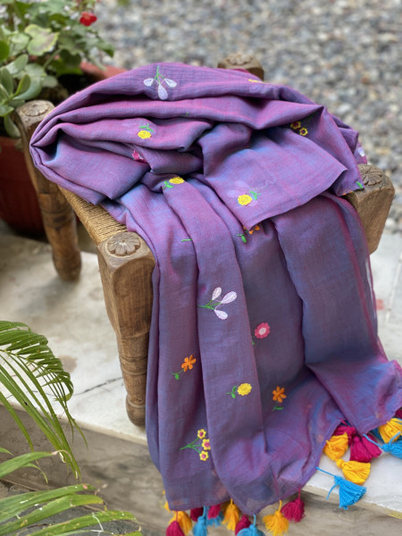 SHADED PURPLE COTTON MULMUL EMBROIDERED SARI