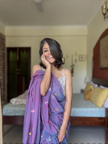 SHADED PURPLE COTTON MULMUL EMBROIDERED SARI