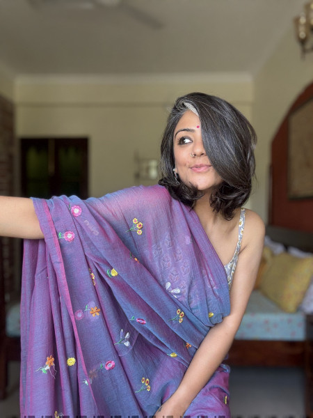 SHADED PURPLE COTTON MULMUL EMBROIDERED SARI