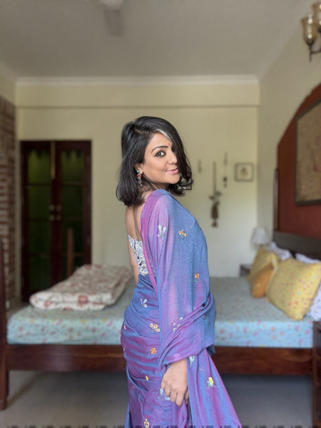 SHADED PURPLE COTTON MULMUL EMBROIDERED SARI