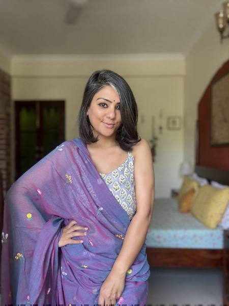 SHADED PURPLE COTTON MULMUL EMBROIDERED SARI