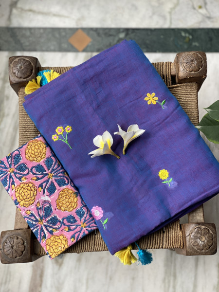 SHADED PURPLE COTTON MULMUL EMBROIDERED SARI