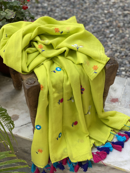 LIME GREEN COTTON MULMUL EMBROIDERED SARI