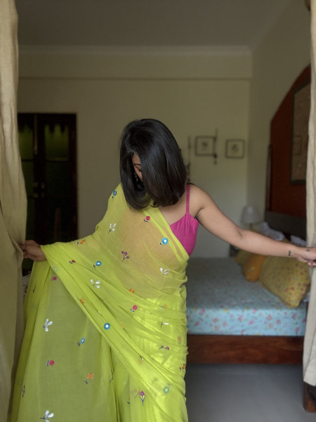 LIME GREEN COTTON MULMUL EMBROIDERED SARI