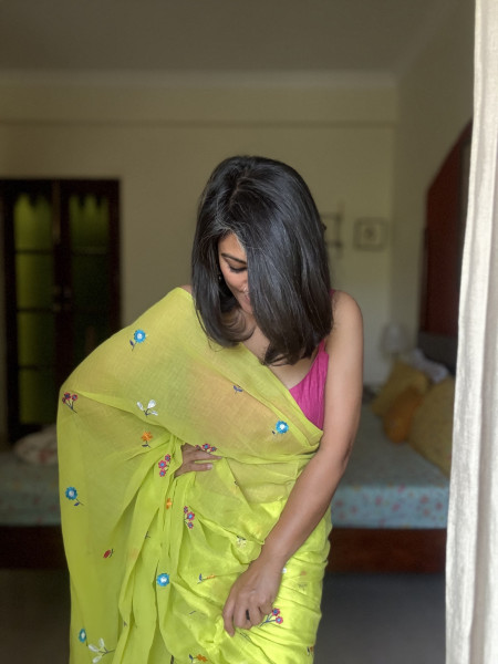 LIME GREEN COTTON MULMUL EMBROIDERED SARI
