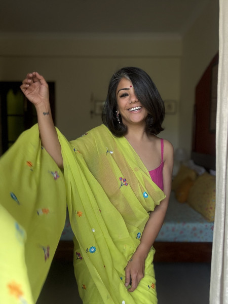 LIME GREEN COTTON MULMUL EMBROIDERED SARI