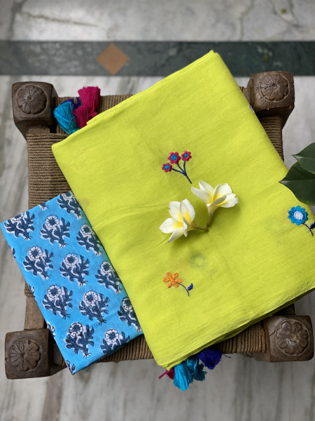 LIME GREEN COTTON MULMUL EMBROIDERED SARI