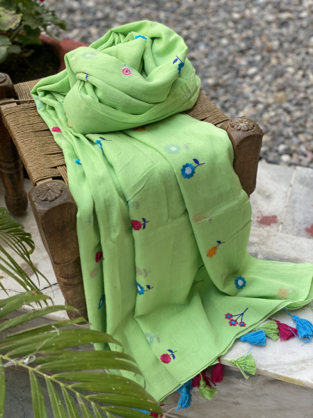 LIGHT GREEN COTTON MULMUL EMBROIDERED SARI
