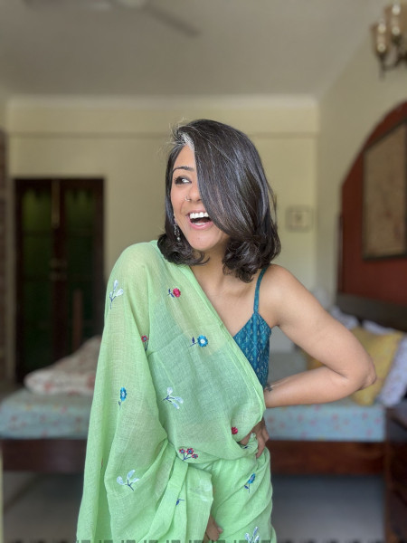 LIGHT GREEN COTTON MULMUL EMBROIDERED SARI
