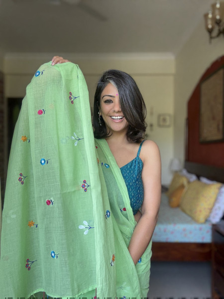 LIGHT GREEN COTTON MULMUL EMBROIDERED SARI