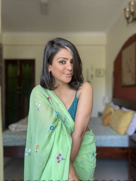 LIGHT GREEN COTTON MULMUL EMBROIDERED SARI