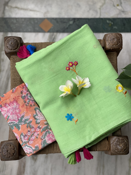 LIGHT GREEN COTTON MULMUL EMBROIDERED SARI