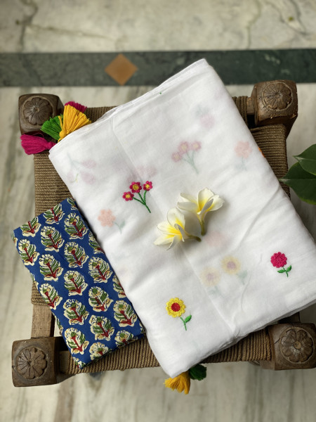 WHITE COTTON MULMUL EMBROIDERED SARI