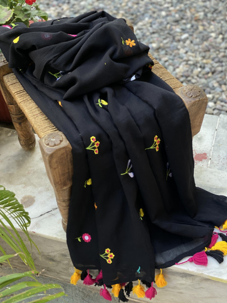 BLACK COTTON MULMUL EMBROIDERED SARI