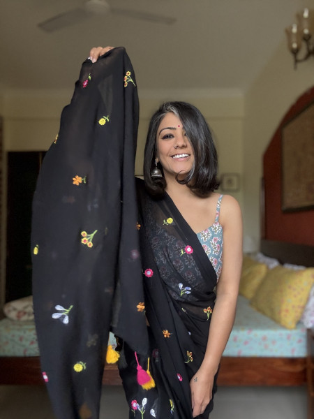 BLACK COTTON MULMUL EMBROIDERED SARI