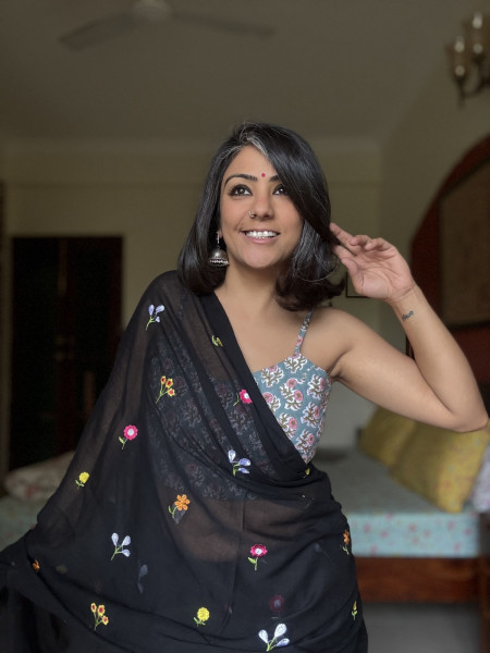 BLACK COTTON MULMUL EMBROIDERED SARI