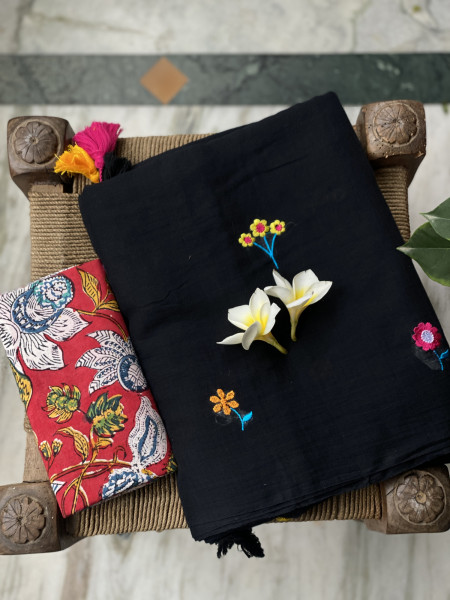 BLACK COTTON MULMUL EMBROIDERED SARI