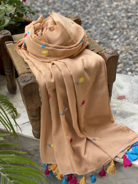 BEIGE COTTON MULMUL EMBROIDERED SARI