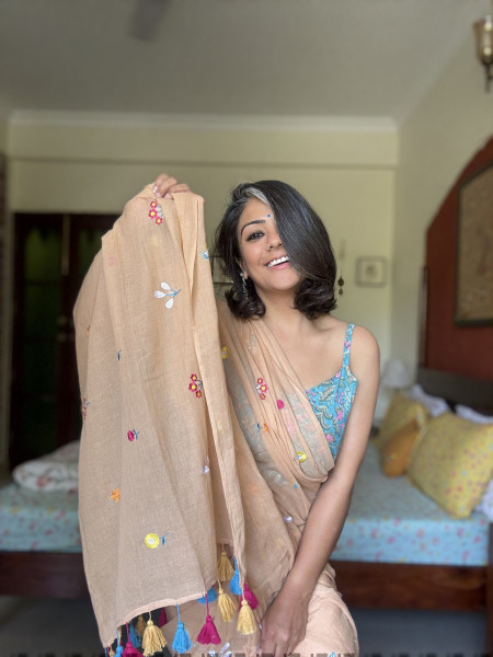BEIGE COTTON MULMUL EMBROIDERED SARI