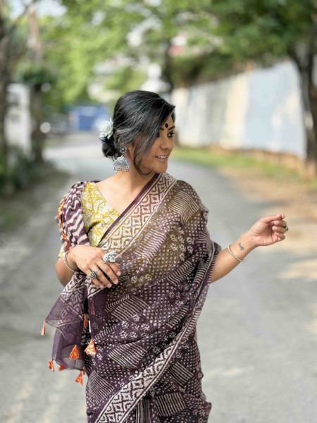 CHERRY HAND BLOCK PRINT EMBROIDERED COTTON KOTA SARI