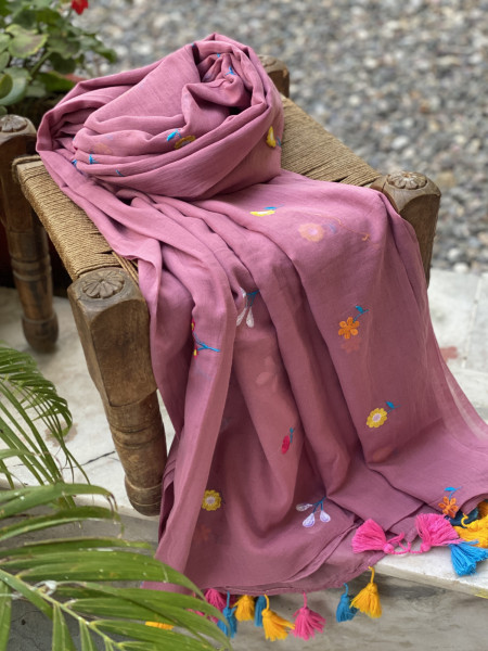ROSE PINK COTTON MULMUL EMBROIDERED SARI