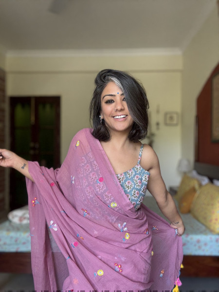 ROSE PINK COTTON MULMUL EMBROIDERED SARI