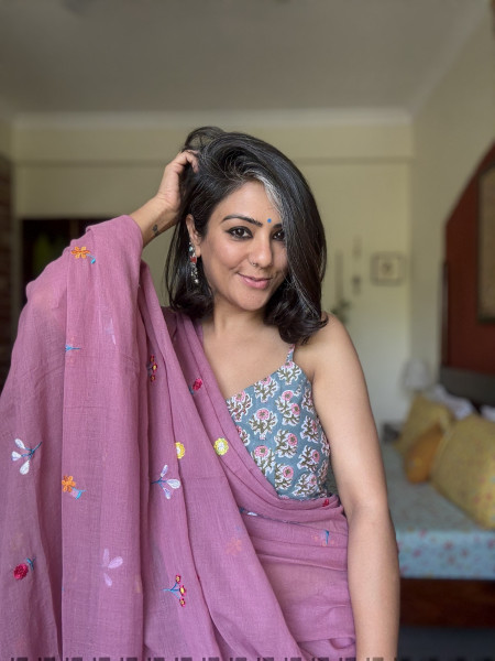 ROSE PINK COTTON MULMUL EMBROIDERED SARI