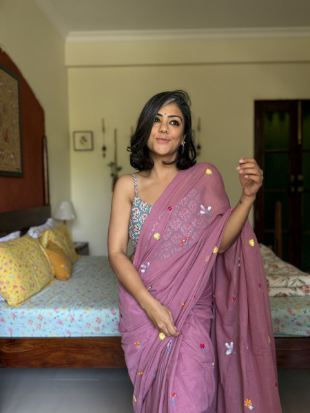 ROSE PINK COTTON MULMUL EMBROIDERED SARI