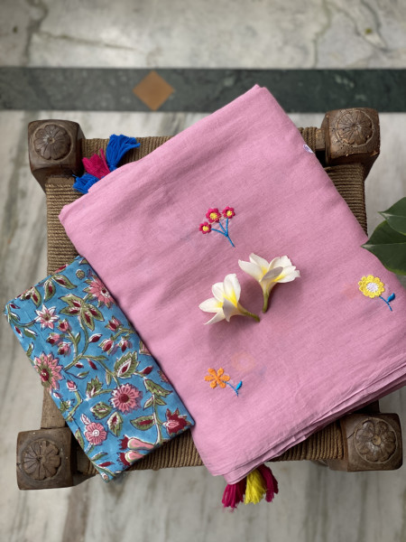 ROSE PINK COTTON MULMUL EMBROIDERED SARI