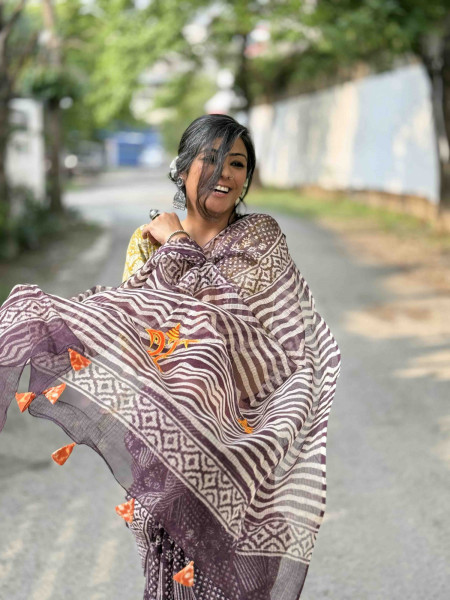 CHERRY HAND BLOCK PRINT EMBROIDERED COTTON KOTA SARI